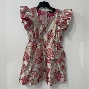 floral pattern pink metallic mini dress with ruffles